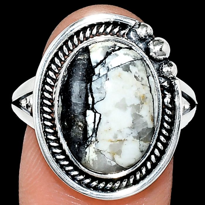 Authentic White Buffalo Turquoise Nevada Ring size-9.5 EXR01383 R-1148, 11x15 mm