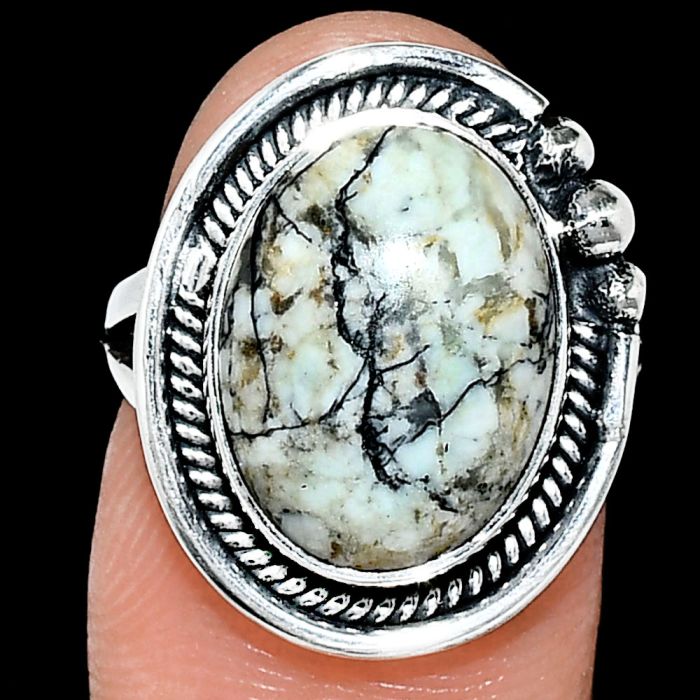 Authentic White Buffalo Turquoise Nevada Ring size-6 EXR01384 R-1148, 11x15 mm