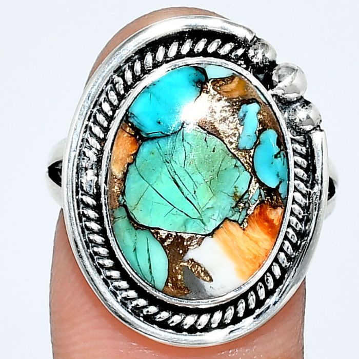 Spiny Oyster Turquoise Ring size-8 EXR01396 R-1148, 12x16 mm