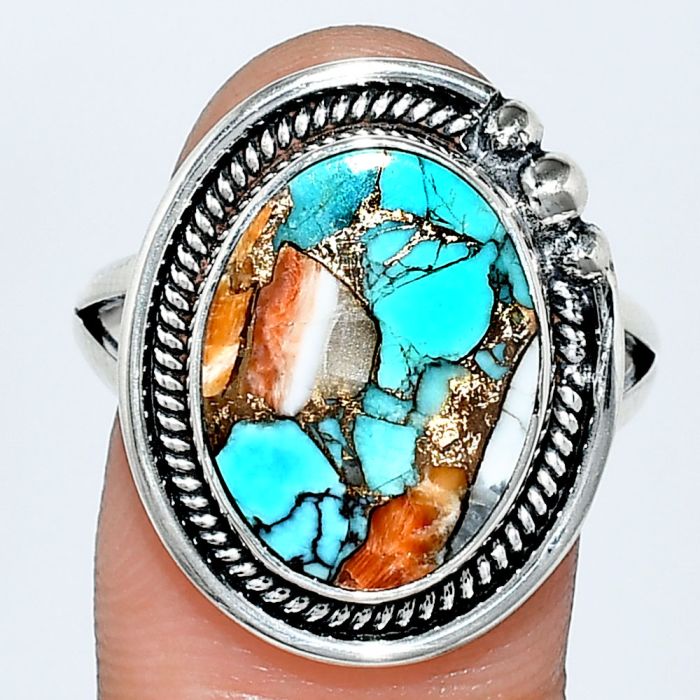 Spiny Oyster Turquoise Ring size-9.5 EXR01397 R-1148, 12x16 mm