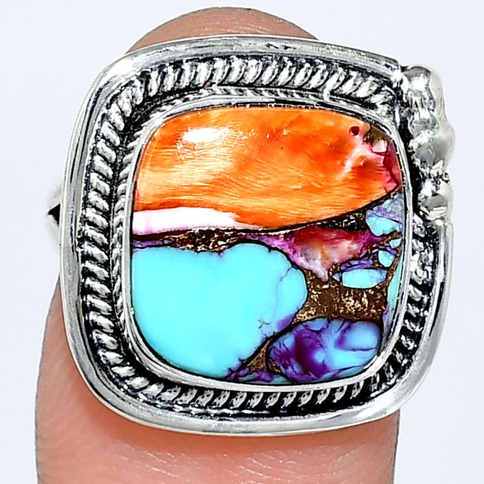 Kingman Orange Dahlia Turquoise Ring size-6 EXR01398 R-1148, 13x13 mm