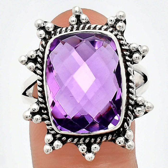 Amethyst Checker Briolette Ring size-10 EXR01435 R-1234, 12x16 mm