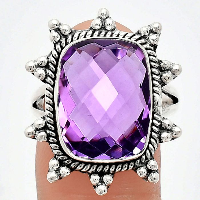 Amethyst Checker Briolette Ring size-9 EXR01438 R-1234, 12x16 mm