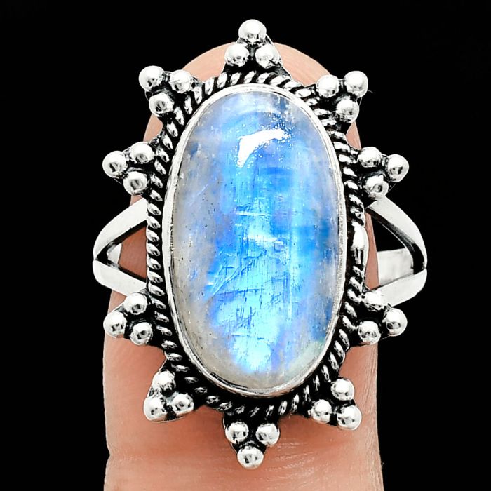 Rainbow Moonstone Ring size-9.5 EXR01453 R-1234, 10x18 mm