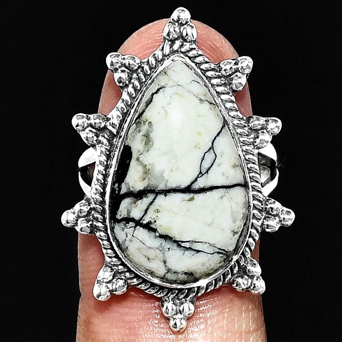 Authentic White Buffalo Turquoise Nevada Ring size-7 EXR01457 R-1234, 13x20 mm