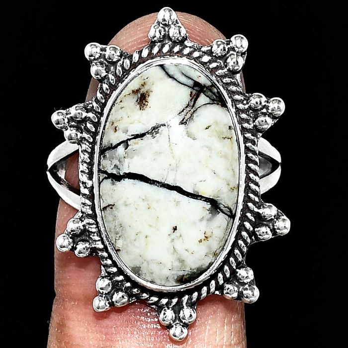 Authentic White Buffalo Turquoise Nevada Ring size-9.5 EXR01459 R-1234, 12x20 mm