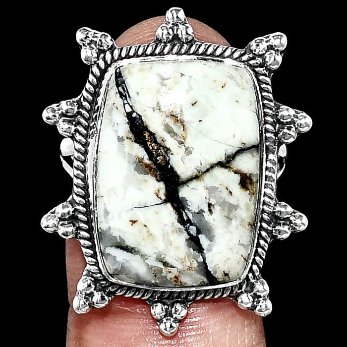 Authentic White Buffalo Turquoise Nevada Ring size-9 EXR01463 R-1234, 15x20 mm