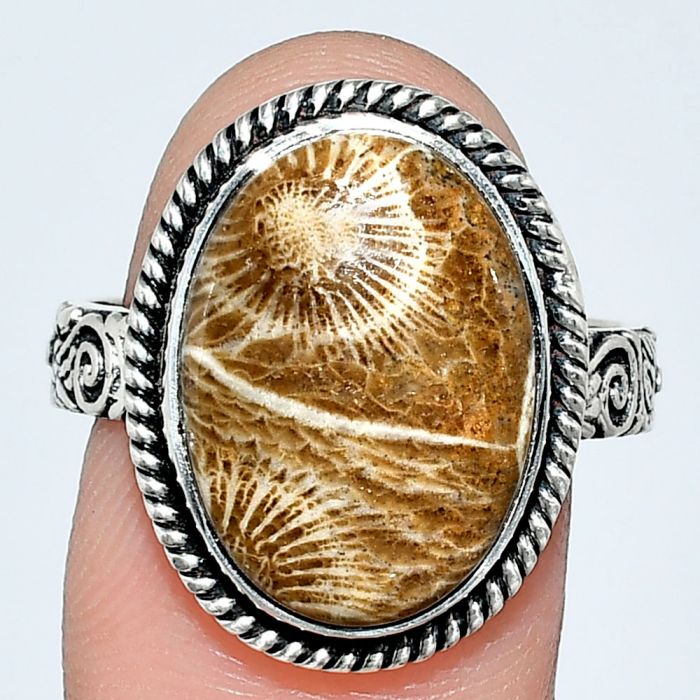 Flower Fossil Coral Ring size-9 EXR01577 R-1067, 12x17 mm