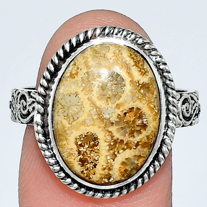 Flower Fossil Coral Ring size-9 EXR01578 R-1067, 12x16 mm