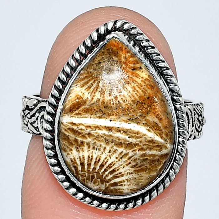 Flower Fossil Coral Ring size-7 EXR01581 R-1067, 12x17 mm