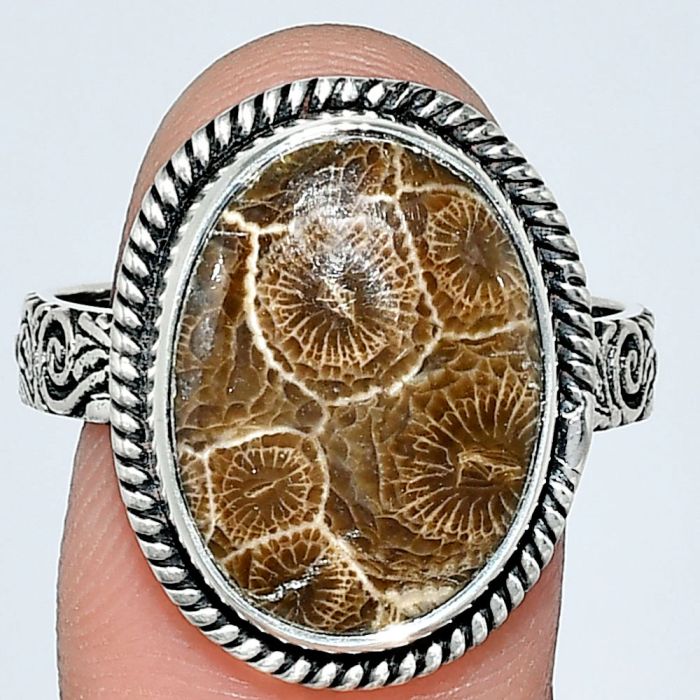 Flower Fossil Coral Ring size-10 EXR01584 R-1067, 13x17 mm