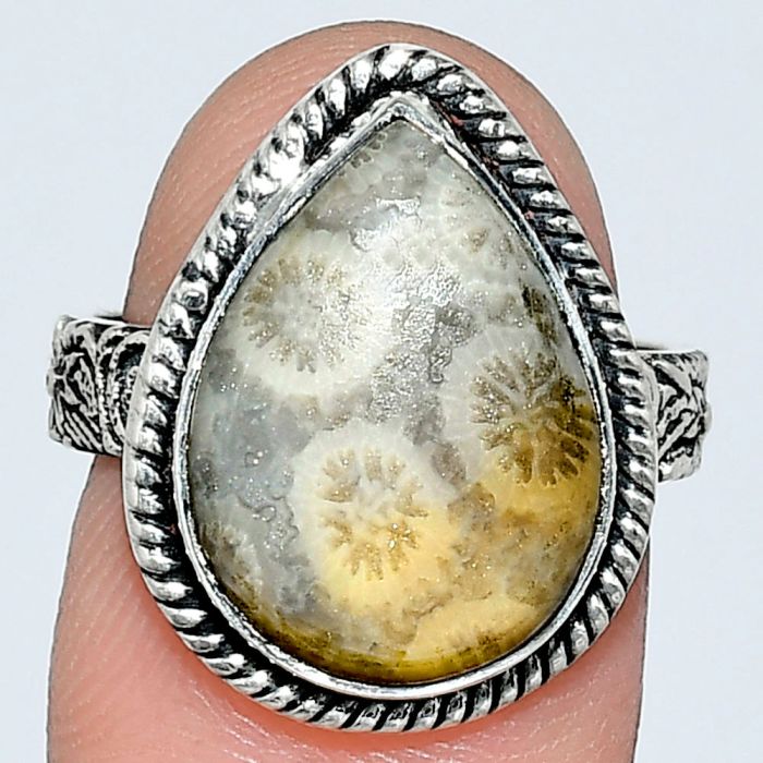 Flower Fossil Coral Ring size-7 EXR01585 R-1067, 12x16 mm