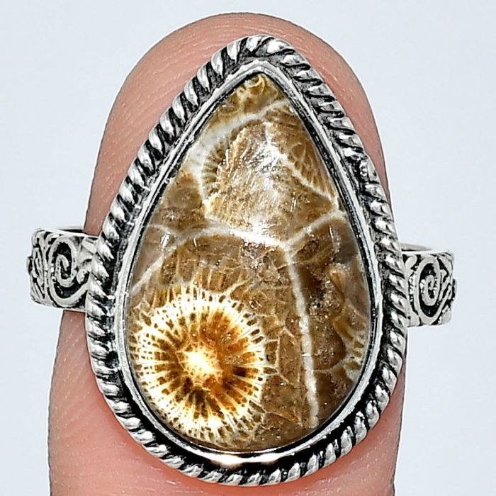 Flower Fossil Coral Ring size-9 EXR01588 R-1067, 12x19 mm