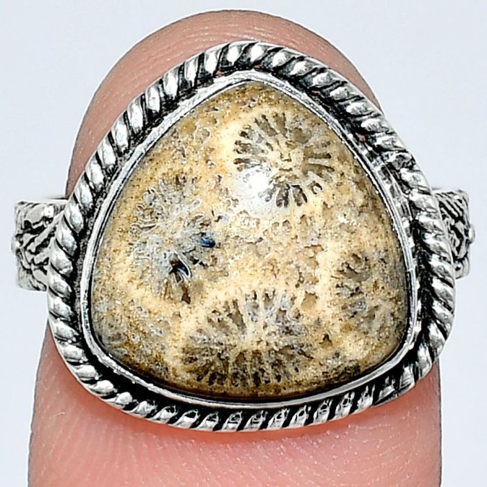 Flower Fossil Coral Ring size-7 EXR01590 R-1067, 13x13 mm