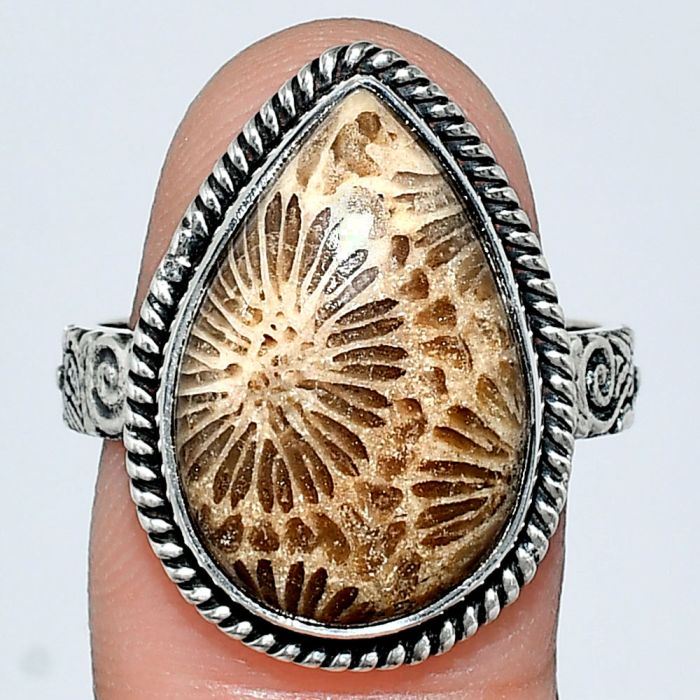 Flower Fossil Coral Ring size-9 EXR01591 R-1067, 13x20 mm