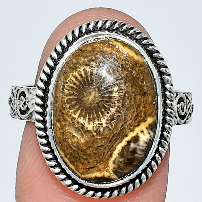 Flower Fossil Coral Ring size-9 EXR01592 R-1067, 12x17 mm