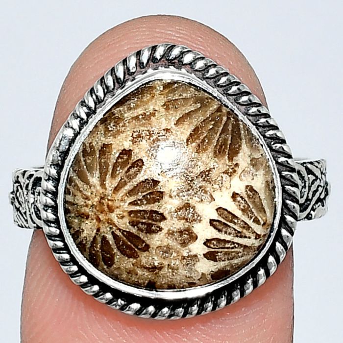 Flower Fossil Coral Ring size-8 EXR01593 R-1067, 13x14 mm