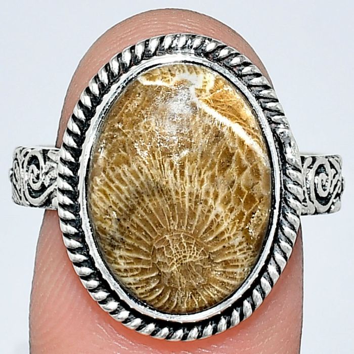 Flower Fossil Coral Ring size-9 EXR01595 R-1067, 12x16 mm