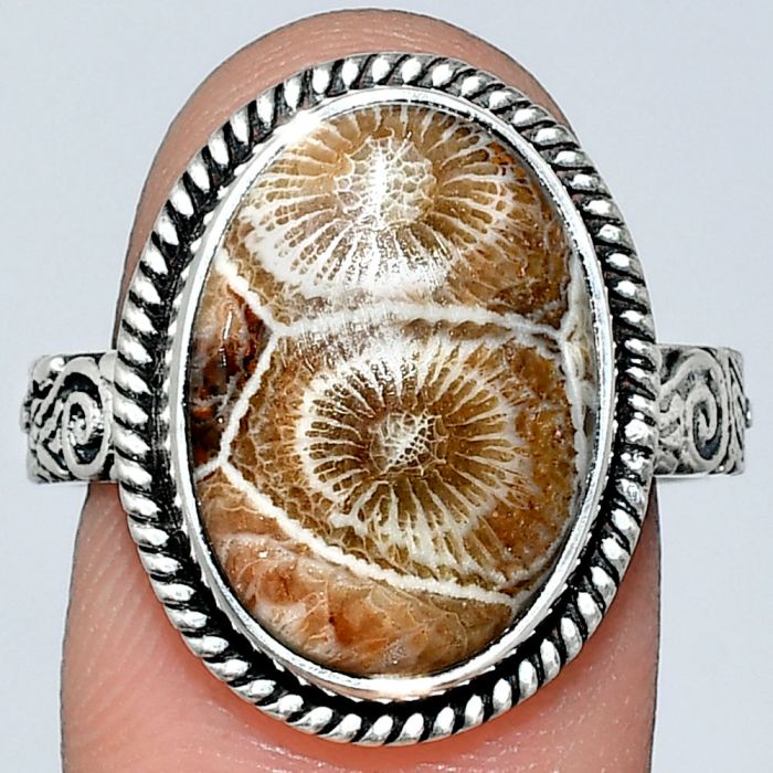 Flower Fossil Coral Ring size-9 EXR01596 R-1067, 12x17 mm