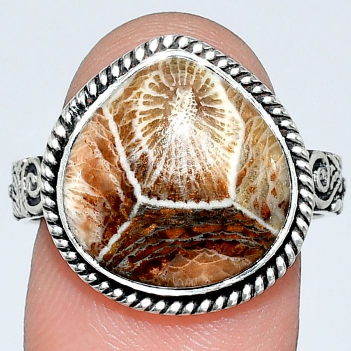 Flower Fossil Coral Ring size-9 EXR01597 R-1067, 14x14 mm