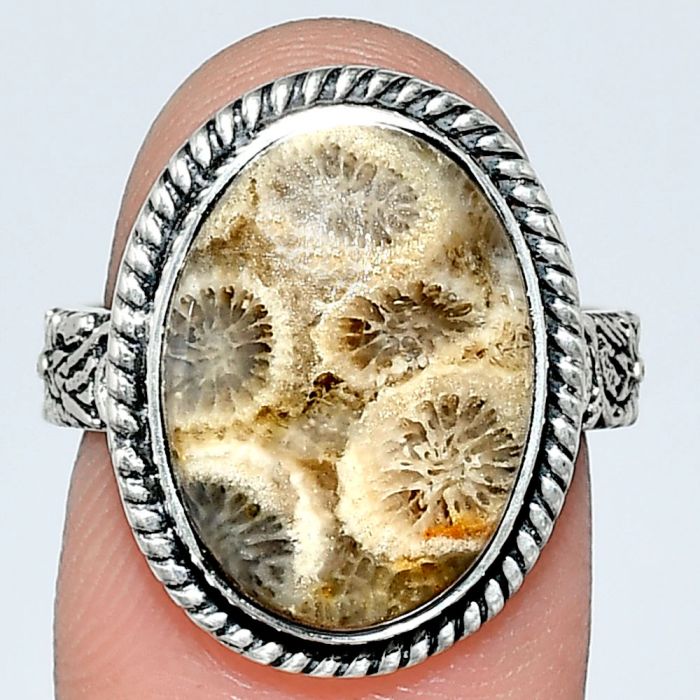 Flower Fossil Coral Ring size-7 EXR01598 R-1067, 12x16 mm