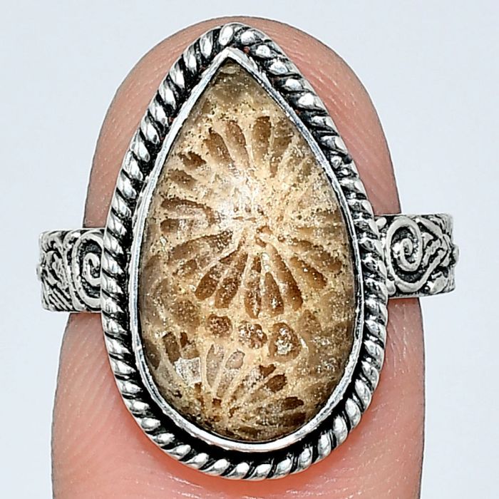 Flower Fossil Coral Ring size-7 EXR01599 R-1067, 10x18 mm