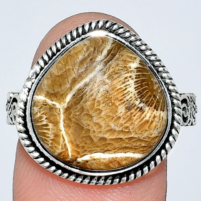 Flower Fossil Coral Ring size-10 EXR01600 R-1067, 15x15 mm