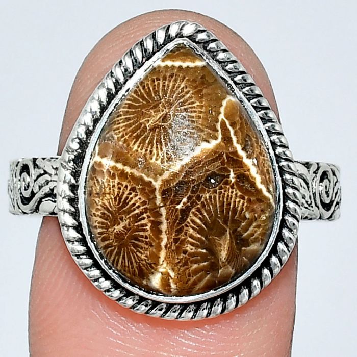 Flower Fossil Coral Ring size-10 EXR01601 R-1067, 12x16 mm