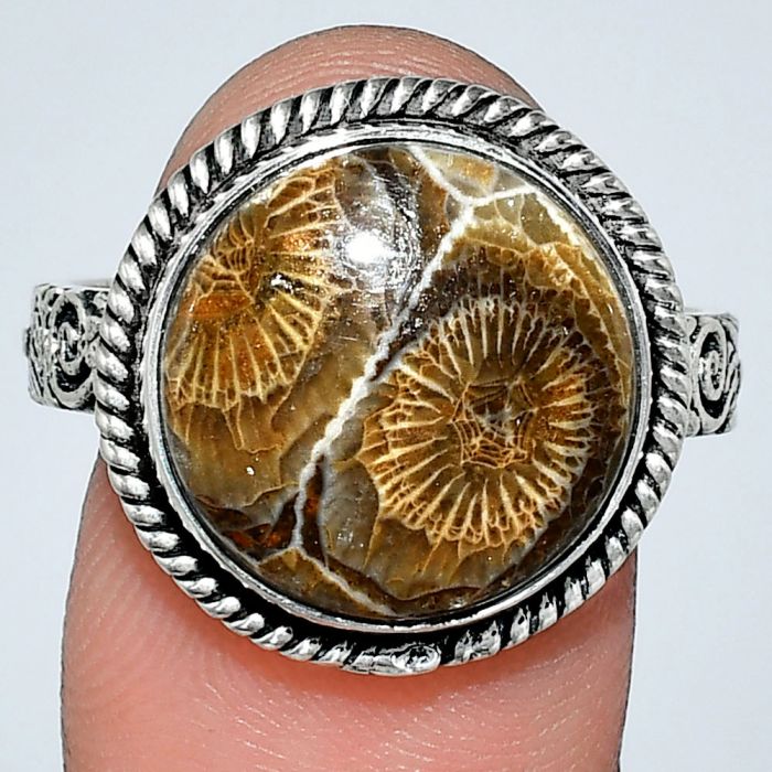 Flower Fossil Coral Ring size-10 EXR01602 R-1067, 14x14 mm