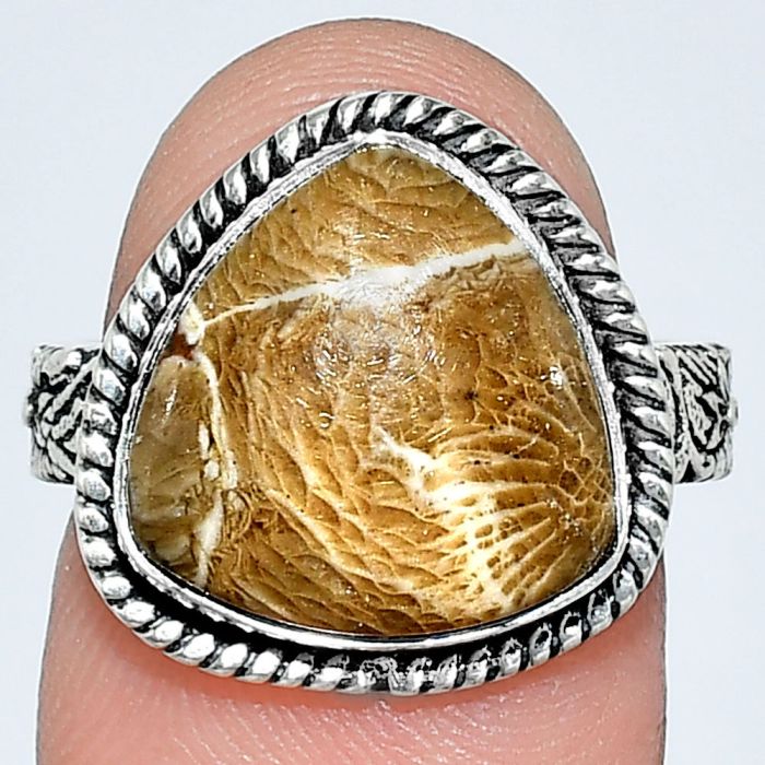 Flower Fossil Coral Ring size-7 EXR01605 R-1067, 13x13 mm