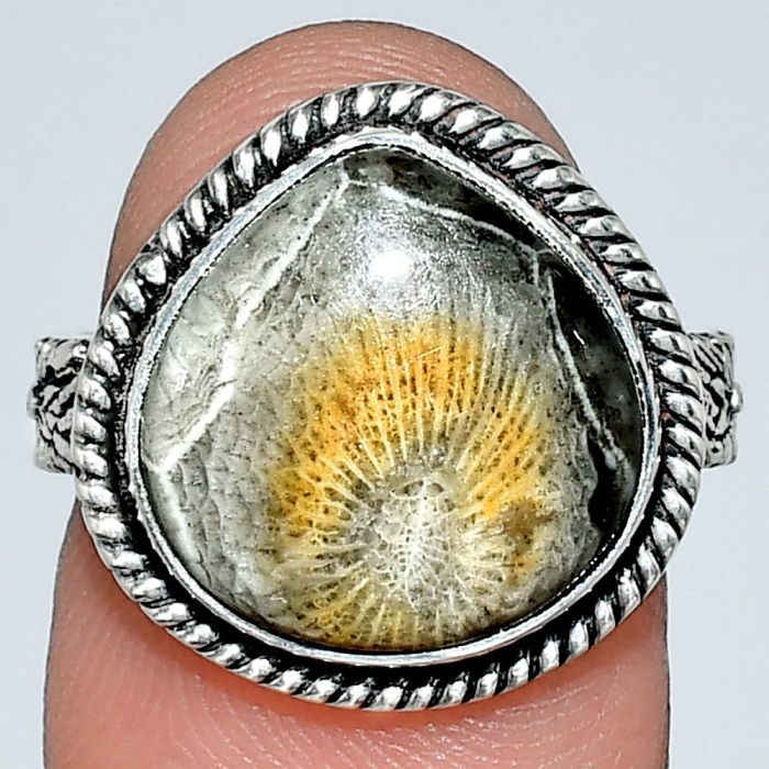 Flower Fossil Coral Ring size-7 EXR01606 R-1067, 14x14 mm