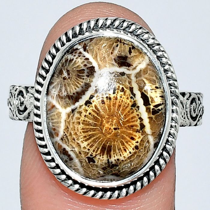 Flower Fossil Coral Ring size-10 EXR01608 R-1067, 13x16 mm