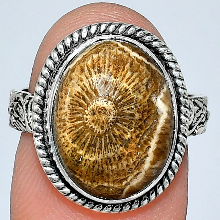 Flower Fossil Coral Ring size-7 EXR01612 R-1067, 12x15 mm