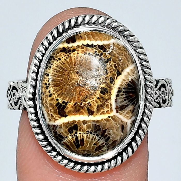 Flower Fossil Coral Ring size-10 EXR01613 R-1067, 13x17 mm