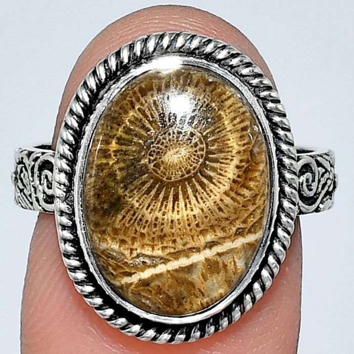 Flower Fossil Coral Ring size-8 EXR01614 R-1067, 11x15 mm