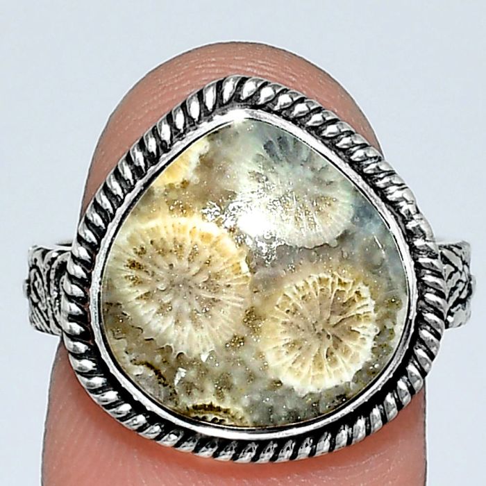 Flower Fossil Coral Ring size-8 EXR01615 R-1067, 14x14 mm