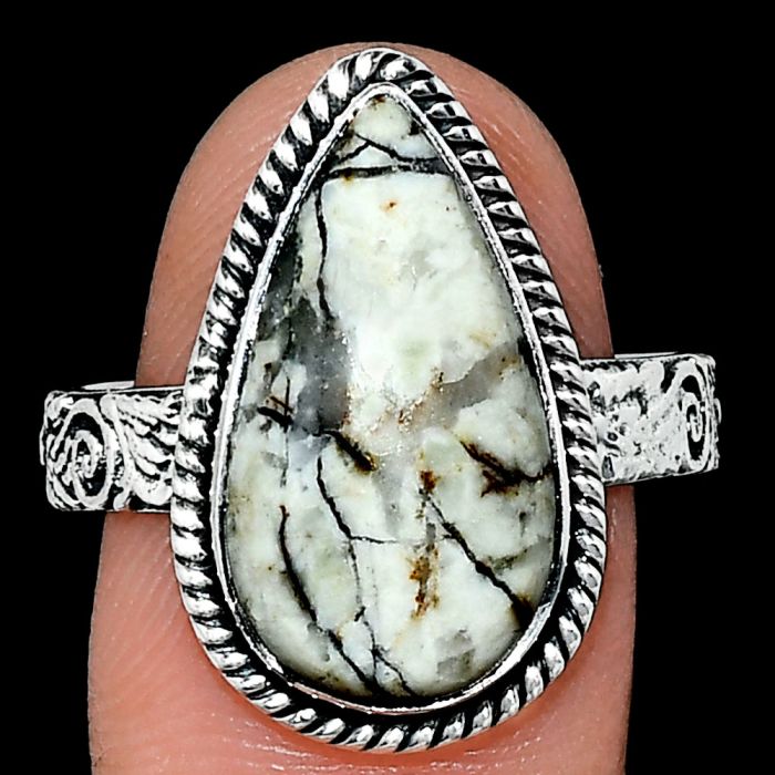 Authentic White Buffalo Turquoise Nevada Ring size-10 EXR01663 R-1067, 10x19 mm