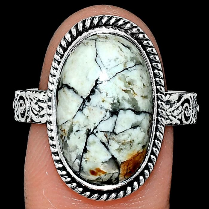 Authentic White Buffalo Turquoise Nevada Ring size-10 EXR01666 R-1067, 11x18 mm