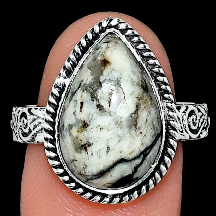 Authentic White Buffalo Turquoise Nevada Ring size-9 EXR01668 R-1067, 11x16 mm