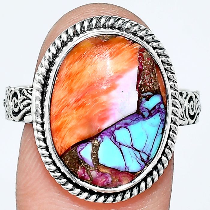 Kingman Orange Dahlia Turquoise Ring size-10 EXR01718 R-1067, 13x17 mm