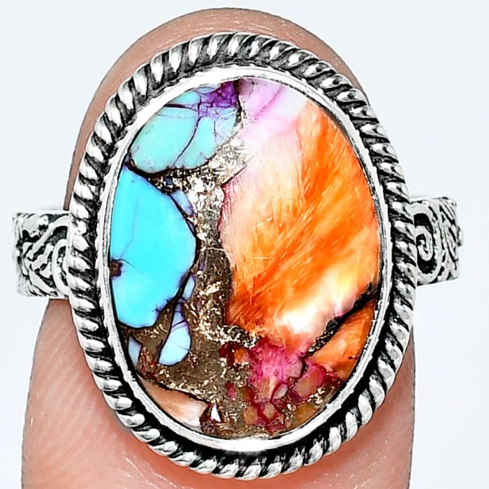 Kingman Orange Dahlia Turquoise Ring size-8 EXR01722 R-1067, 12x16 mm