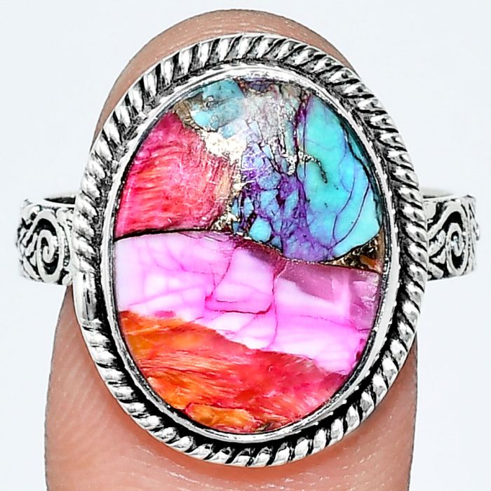 Kingman Orange Dahlia Turquoise Ring size-10 EXR01725 R-1067, 13x17 mm