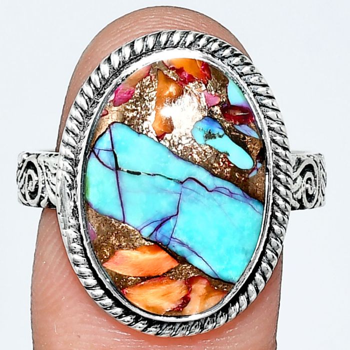 Kingman Orange Dahlia Turquoise Ring size-10 EXR01726 R-1067, 13x18 mm