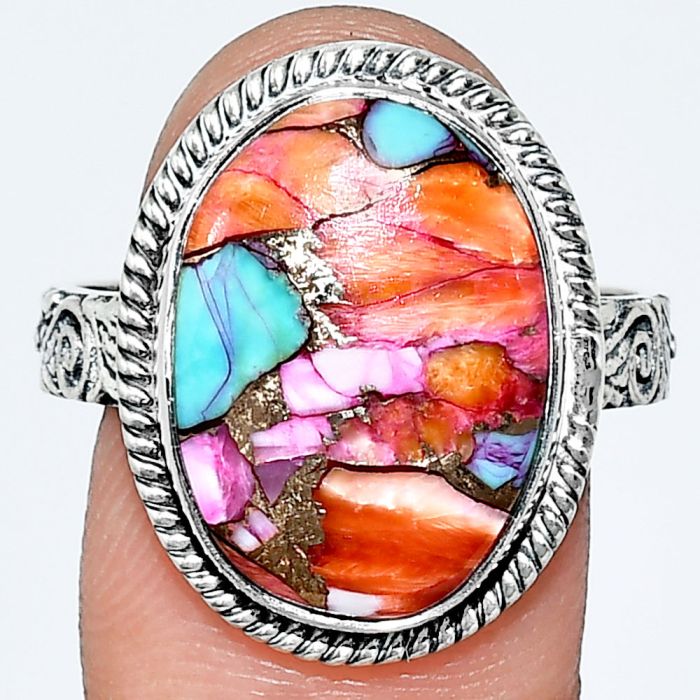 Kingman Orange Dahlia Turquoise Ring size-10 EXR01727 R-1067, 13x18 mm