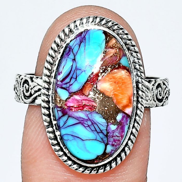 Kingman Orange Dahlia Turquoise Ring size-9 EXR01730 R-1067, 11x18 mm