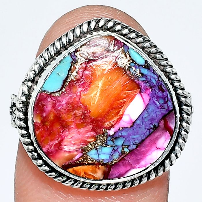 Kingman Orange Dahlia Turquoise Ring size-8 EXR01731 R-1067, 16x16 mm