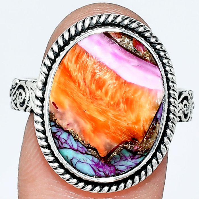 Kingman Orange Dahlia Turquoise Ring size-10 EXR01734 R-1067, 13x17 mm