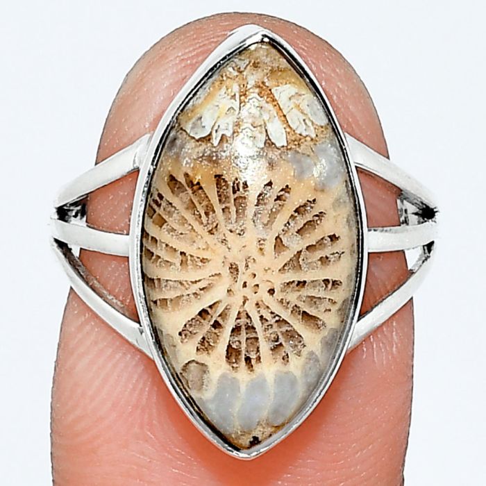 Flower Fossil Coral Ring size-7 EXR01743 R-1003, 10x19 mm