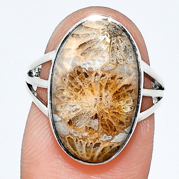 Flower Fossil Coral Ring size-7 EXR01754 R-1003, 12x19 mm