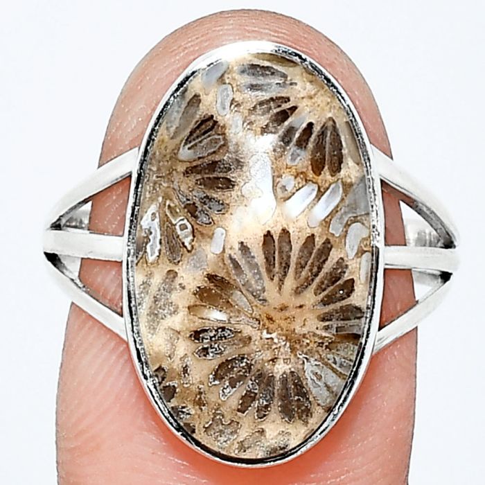 Flower Fossil Coral Ring size-9 EXR01760 R-1003, 12x19 mm